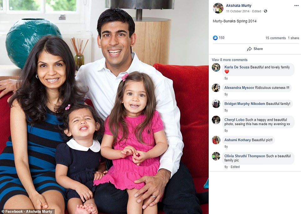 Mr Sunak with his wife Akshata Murthy and daughters Krishna and Anoushka. He has previously spoken about how his Asian identity matters to him, telling the BBC: 'I'm a first generation immigrant. My parents emigrated here, so you've got this generation of people who are born here, their parents were not born here, and they've come to this country to make a life.'