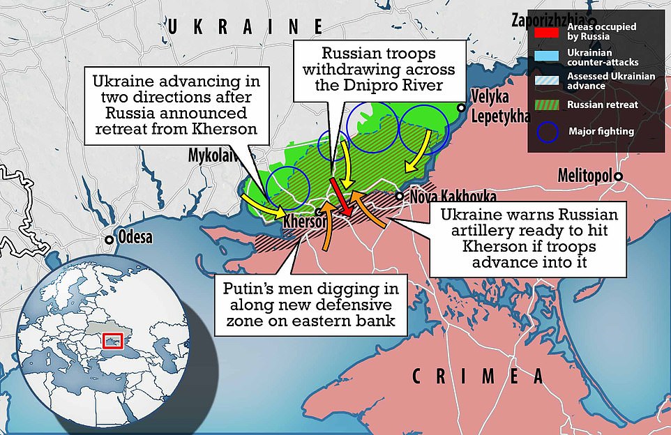 Ukraine had warned that Russia could be laying a trap for its forces in Kherson, but pressed ahead rapidly with an attack overnight and is now thought to have all-but surrounded the city